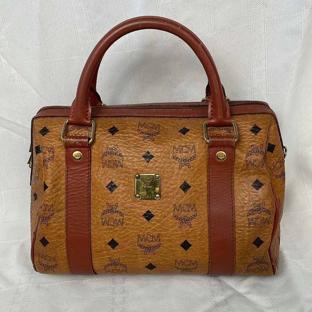 MCM Brown Visetos Leather Boston Bag Golf Collection Pony Style
